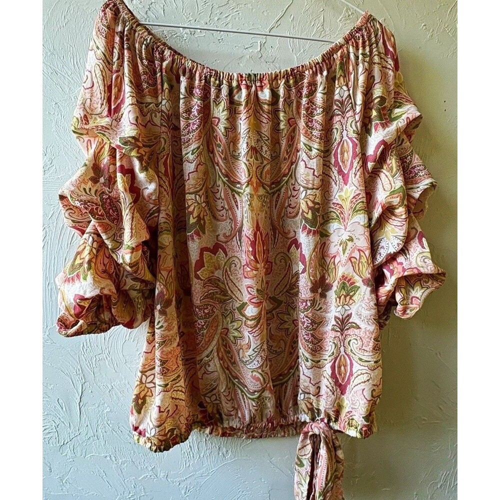 CeCe Women’s Blouse L Multicolor Paisley Off-Shoulder Ruffle Pullover